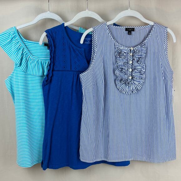 Talbots Petite Medium Sleeveless Shirt Bundle - 3 Blue Ruffle Stripe Lace Tops - Picture 1 of 12